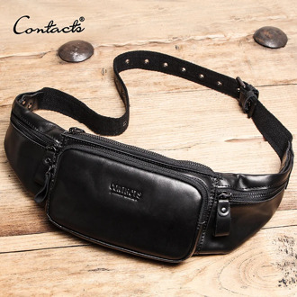 CONTACT'S Genuine Leather men waist bag cell phone bag for the belt sac banana homme travel crossbody bags male fanny pack black