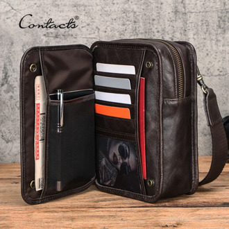 CONTACT'S Genuine Leather Shoulder Bag Men Crossbody Bags Large Capacity Male Small Phone Pouch Belt Bag Brand Travel Waist Pack