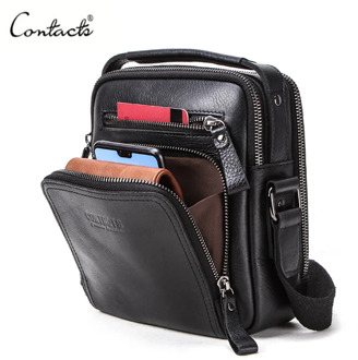 CONTACT'S Genuine vegetables leather men shoulder bag for ipad mini 7.9inch Multi-pocket high quality Messenger bag male handbag