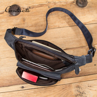 CONTACT'S HOT Casual Waist Bags Genuine Leather Waist Bag Men Fanny Pack Large Capacity Leather Crossbody Bag Male Chest Packs