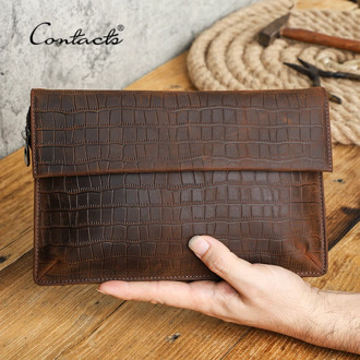CONTACT'S Men Clutch Bag Crazy Horse Leather Men Wallet Cell Phone Pocket Passport Holder Large Capacity Long Purse for Male