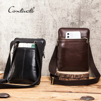 CONTACT'S Men's Bags Genuine Leather Shoulder Bag for 7.9" iPad Casual Crossbody Bags Flap Zipper Bag Male Handbags Capacity