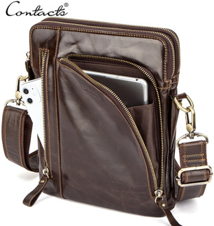 CONTACT'S Quality Leather Male Casual Shoulder Messenger Bag Cowhide Leather Crossbody Bags for 10.5" iPad Men Handbags Bolsos