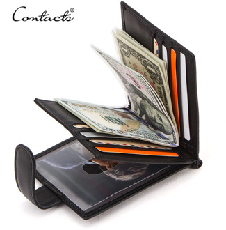 CONTACT'S Rfid Men Wallet Genuine Leather Money Clip Metal Clamp Slim Card Wallets Driver License Card Case Coin Pocket Cartera