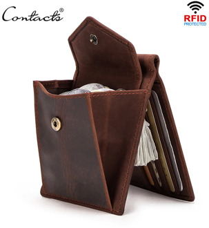 CONTACT'S Short Men Money Clip Oil Nubuck Cow Leather Wallets for Men Retro Money Case with Credit Card Slot Small Coin Pocket