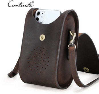 CONTACT'S Vintage Small Shoulder Bag Men Cell Phone Pocket Crazy Horse Leather Men's Crossbody Bags Male Bolsa Handbag Quality