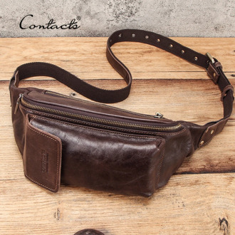 CONTACT'S Waist Belt Bag Men Genuine Leather Waist Packs Brand Organizer Travel Chest Bag Phone Pocket Casual Fanny Pack Male
