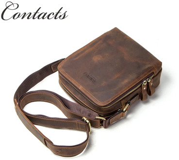 Contacts genuine crazy horse leather vintage men crossbody bag luxury messenger bags for men zipper shoulder bag bolso hombre
