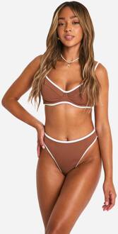 Contrast Binding Geribbelde Bikini Top Met Beugel, Chocolate - 34