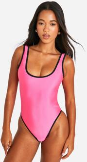 Contrast Binding Scoop Bathing Suit, Hot Pink - 10