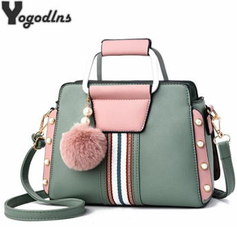 Contrast Colors Elegant Shoulder Bag Trendy Women Crossbody Bags Fur Ball Pendant Rivet Luxury Designer Ladies Top-handle Totes