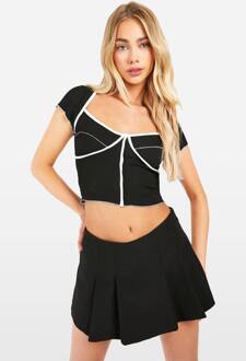 Contrast Exposed Seam Rib Cap Sleeve Corset, Black - 34