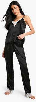 Contrast Lace Trim Cami Top & Trouser Pyjama Set, Black - 36