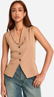 Contrast Nep Hoorn Knop Longline Waistcoat, Camel - 40