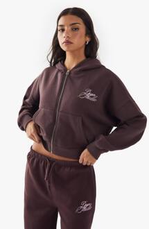 Contrast Script Boxy Crop Zip Through Hoodie, Chocolate - L