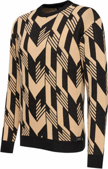 Contrasterende fijngebreide trui met ronde hals - maat 3XL Zwart/bruin