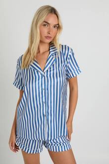 Contrasterende Gestreepte Korte Mouw Overhemd En Korte Pyjama Set, Baby Blue - 36