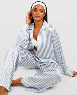 Contraststreep Satijn Lange Mouw Overhemd & Broek Pyjama Set, Grey - 40