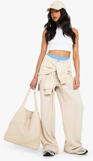 Contraststrook Tailleband Broek Met Wijde Pijpen, Stone - 36