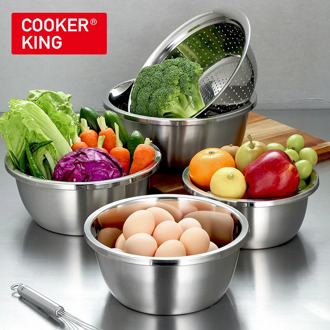 COOKER KING Classic Stainless Steel Kitchenware Set Washing Basin for Fruits Vegetable 30/28/26/24cm Cooking Pot 30cm Pot Sieve
