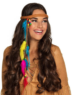 Coppens Carnaval/festival hippie flower power hoofdband met gekleurde veren - Verkleedhaardecoratie Multikleur