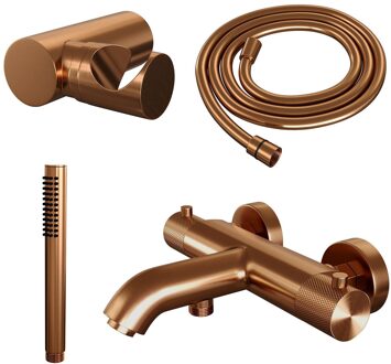 Copper Carving thermostatische badkraan met wandhouder en staafhanddouche geborsteld koper PVD