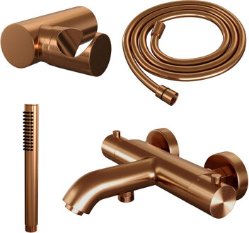 Copper Edition thermostatische badkraan met wandhouder en staafhanddouche geborsteld koper PVD