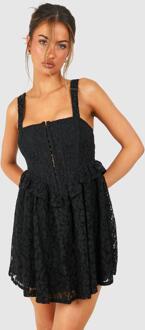 Corset Lace Mini Dress, Black - 10