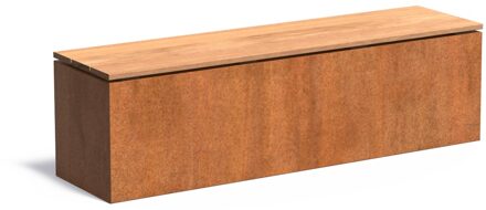 Cortenstaal sokkel met zitting 150x40x43cm.