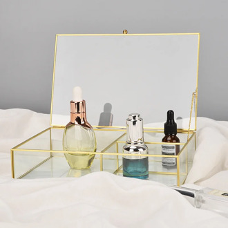 Cosmetic Storage Box Transparent Glass with Lid Jewelry Box Dressing Table Lipstick Compartment Clamshell Storage Tray
