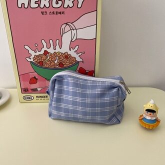 Cosmetische Tassen Vrouwen Plaid Grote Capaciteit Make-Up Potlood Gevallen Ins Reizen Toiletartikelen Organizer Waszak Eenvoudige Mooie Draagbare Blauw