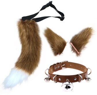 Cosplay Faux Fur Kitten Staart Oren Haarspeldjes En Faux Lederen Halsband Set bruin