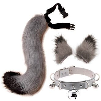 Cosplay Faux Fur Kitten Staart Oren Haarspeldjes En Faux Lederen Halsband Set grijs zwart