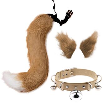 Cosplay Faux Fur Kitten Staart Oren Haarspeldjes En Faux Lederen Halsband Set kameel