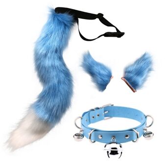 Cosplay Faux Fur Kitten Staart Oren Haarspeldjes En Faux Lederen Halsband Set lucht blauw