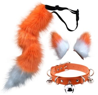 Cosplay Faux Fur Kitten Staart Oren Haarspeldjes En Faux Lederen Halsband Set Oranje