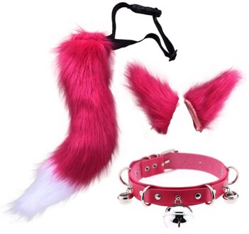 Cosplay Faux Fur Kitten Staart Oren Haarspeldjes En Faux Lederen Halsband Set perzik rood