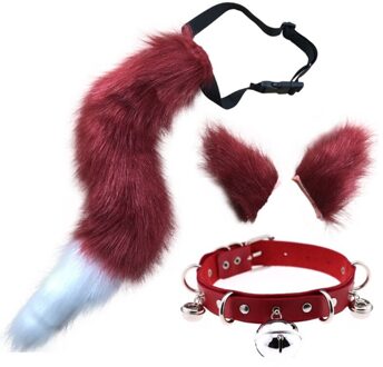 Cosplay Faux Fur Kitten Staart Oren Haarspeldjes En Faux Lederen Halsband Set Rood