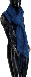 Costume National Linnen Sjaal Geruit Patroon Franje Donkerblauw