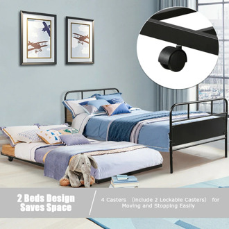 COSTWAY 2 In 1 Multifunctional Twin Daybed Trundle Frame Set 4 Premium Casters Trundle Day Bed High Quality Steel Structure