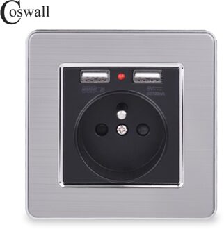 Coswall Black Dual Usb-poort Opladen 5V 2.1A Wall Charger Adapter Led Indicator 16A Franse Stopcontact Rvs panel
