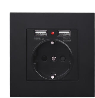 Coswall Dual Usb-poort Opladen 5V 2.1A Wall Charger Adapter Led Indicator 16A Eu Stopcontact Pc Panel pure Zwarte Kleur