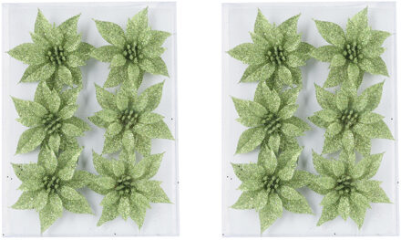 Cosy @ Home 12x stuks decoratie bloemen rozen groen glitter op ijzerdraad 8 cm