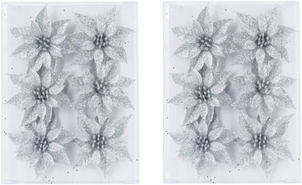 Cosy @ Home 12x stuks decoratie bloemen rozen zilver glitter op ijzerdraad 8 cm