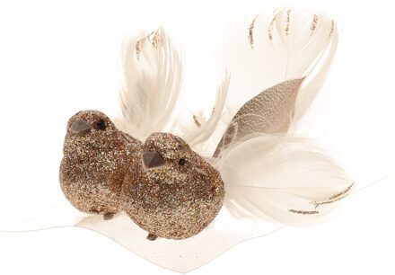 Cosy @ Home 2x stuks decoratie vogels op clip glitter champagne 11 cm