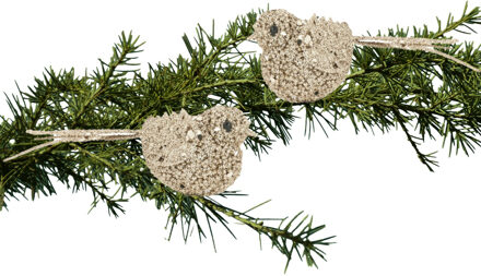Cosy @ Home 2x stuks decoratie vogels op clip glitter champagne 12 cm - Kersthangers Goudkleurig