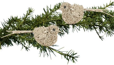 Cosy @ Home 2x stuks decoratie vogels op clip glitter champagne 12 cm