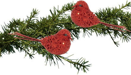 Cosy @ Home 2x stuks decoratie vogels op clip glitter rood 12 cm - Kersthangers