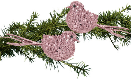 Cosy @ Home 2x stuks decoratie vogels op clip glitter roze 12 cm