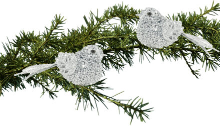 Cosy @ Home 2x stuks decoratie vogels op clip glitter zilver 12 cm - Kersthangers Zilverkleurig